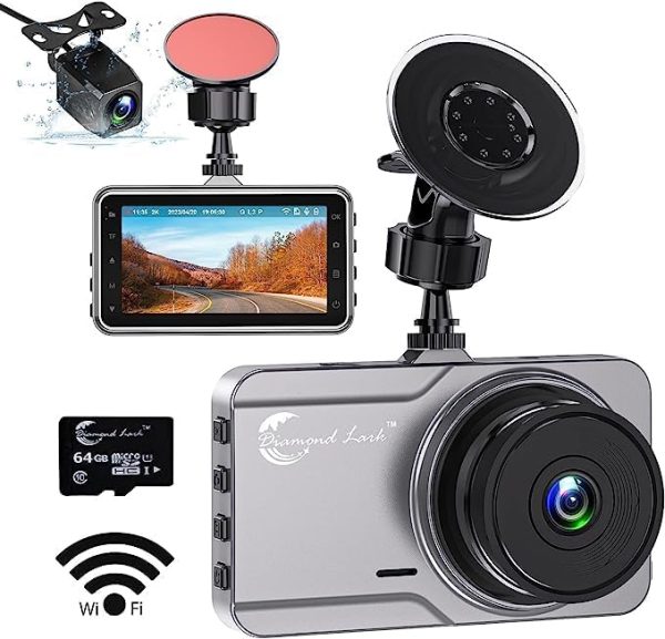 2K Quad HD Dashcam, Diamond Lark Dash Camera for Cars, 2K+1080P WiFi Dual Dash Cam Front and Rear with 64G SD Card, 170°Wide Angle, Super Night Vision, G-Sensor, WDR, Loop Recording, Parking Monitor